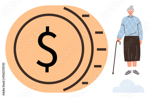 Elderly woman with cane beside large coin with dollar sign. Ideal for retirement, financial planning, savings, pensions, wealth management, elder care, budget. Simple flat metaphor
