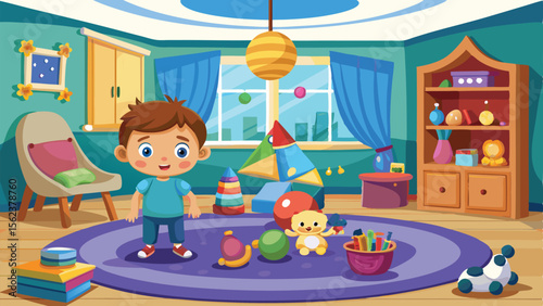 Cartoon Boy in Playroom with Toys, Chair, Shelf and Window Curtains