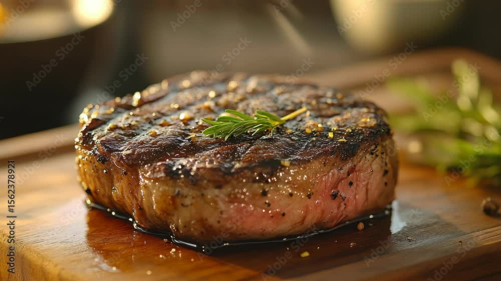 Cooked steak with grill marks and rosemary garnish on a wooden board, realistic style, blurred kitchen background, concept of gourmet food