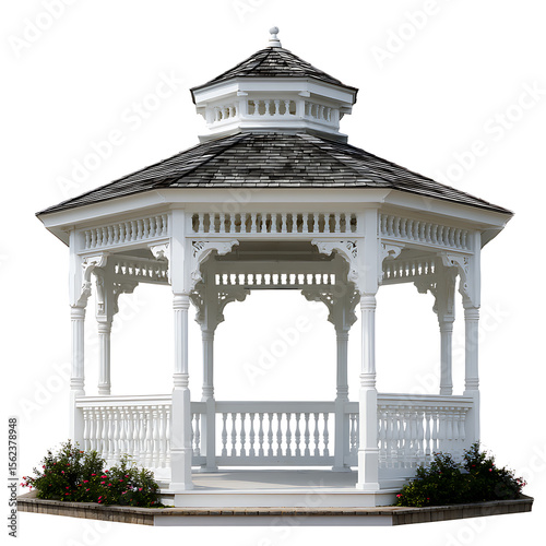 Ornate white gazebo with detailed railings and tiered roof structure architecture
