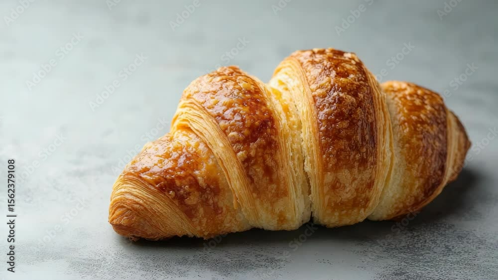 Flaky golden croissant with crispy layers on a textured grey surface, presented in a realistic style, concept of breakfast or bakery