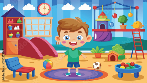 Cheerful Boy in Whimsical Cartoon Playground with Ball Pit, Play House and Slide