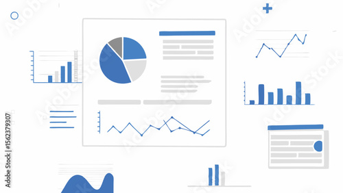 Illustration of data analytics dashboard with pie chart and various types of graphs and charts displayed