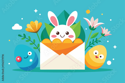 Design an Easter poster with an open envelope spilling out eggs and flowers