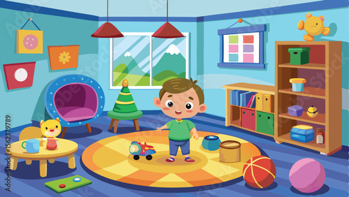 Cartoon Boy Playing with Toy Car in Colorful Playroom with Bookshelf and Toys