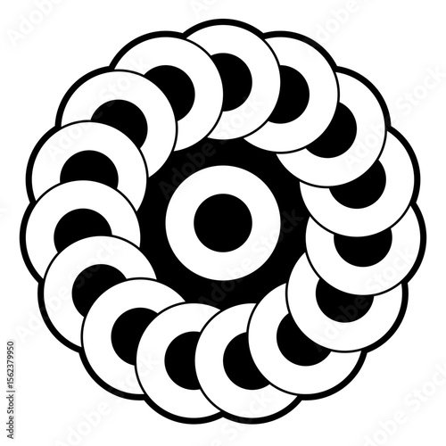 Chain of circles, crop circle pattern. White overlapping interconnected circular shapes, rotated around a circle in the center, creating a multi-layer effect. Found 2025 near Jurassic Coast in Devon.