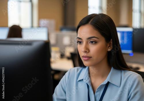A young, focused businesswoman, possibly Hispanic or Latinx, works diligently at her computer in a modern office setting. Free Download A young, focused businesswoman, possibly Hispanic or Latinx, works diligently at her computer in a modern office setting. - GFXLoad