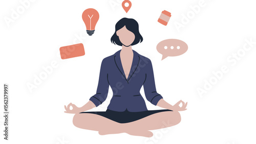 Businesswoman meditating with lightbulb, pin, coffee cup, rectangle and speech bubble floating around her