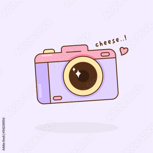 Cute digital camera illustration. Camera cartoon purple pastel colour with say cheese text