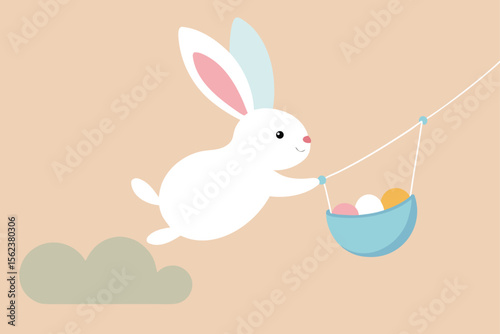 Draw an Easter poster with a bunny gliding across a pastel zipline