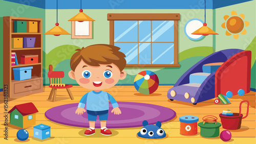Cheerful Cartoon Boy in a Colorful Playroom Surrounded by Toys and Playthings Illustration