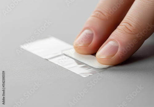 A macro photograph shows a person's fingers pressing a piece of double-sided adhesive tape onto a white surface. 