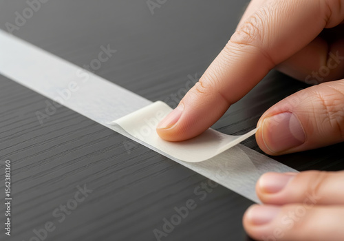 A macro photograph shows a person's fingers pressing a piece of double-sided adhesive tape onto a white surface. 