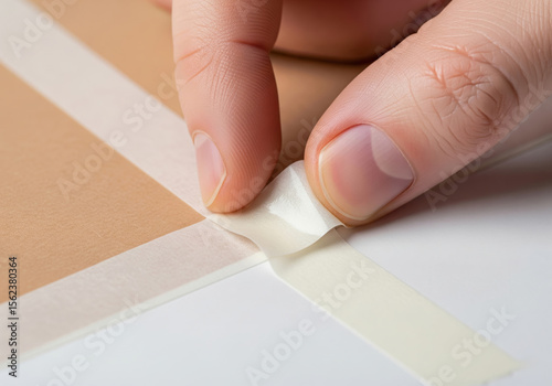 A macro photograph shows a person's fingers pressing a piece of double-sided adhesive tape onto a white surface. 