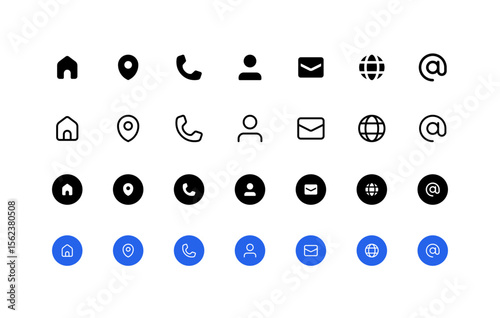 Business card contact information iconography set. Multiple icon set styles