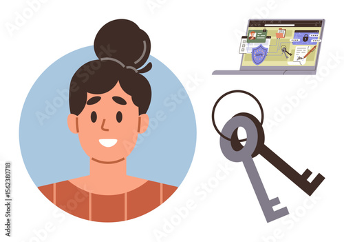 Portrait of a smiling woman, laptop displaying security icons, and two keys symbolizing safety, data protection, password management, privacy, digital access, authentication, and trust in a simple