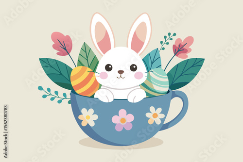 Draw an Easter poster with a bunny in a cozy teacup decorated with pastel colors