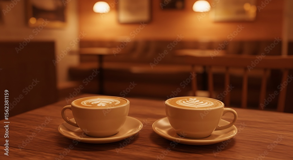 Obraz premium Two cups of coffee on the table, latte art