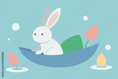 Draw an Easter poster with a bunny paddling a lily leaf boat with eggs aboard