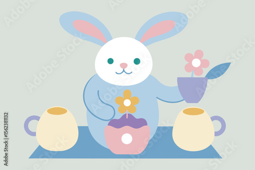 Draw an Easter poster with a bunny preparing pastel egg tea served in a floral cup