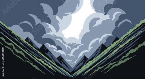 Dramatic Mountain Landscape with Ethereal Light Breaking Through Clouds