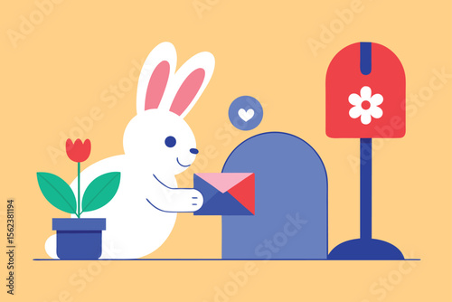 Draw an Easter poster with a bunny putting egg stamps on letters while sitting