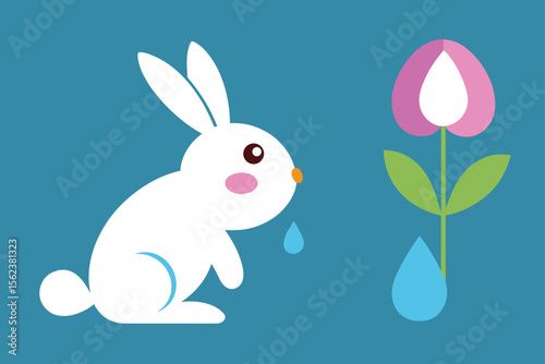 Draw an Easter poster with a bunny whispering to a flower with an egg shape