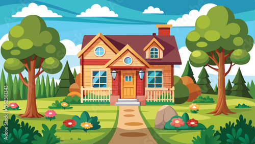 Cartoon House with Landscaping, Path, Trees, and Flowers Under a Cloudy Blue Sky