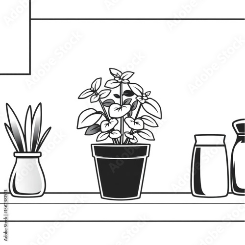 A potted mint plant on a kitchen shelf
