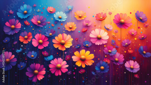 Colorful Floral Bliss: Vibrant Cosmos Flowers in Abstract Decorative Art