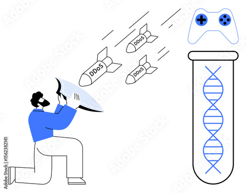 Man uses shield to block DDOS missiles, with DNA helix and game controller highlighting technology, biology, and gaming. Ideal for cyber defense, biotechnology, innovation, teamwork, data security