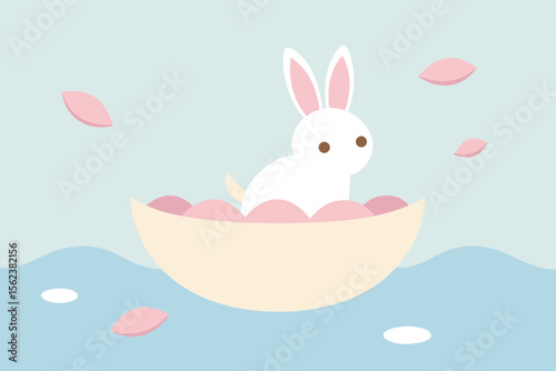 Illustrate an Easter poster with a bunny sailing in an egg shaped boat
