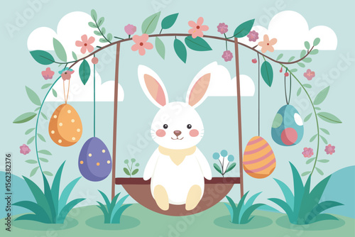 Illustrate an Easter poster with a bunny sitting on a swing hanging from a tree