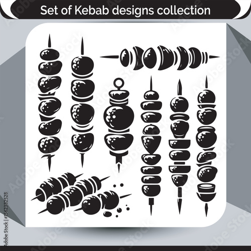 Kebab Designs Collection Featuring Various Skewer Arrangements in Black and White Style for Culinary Illustration