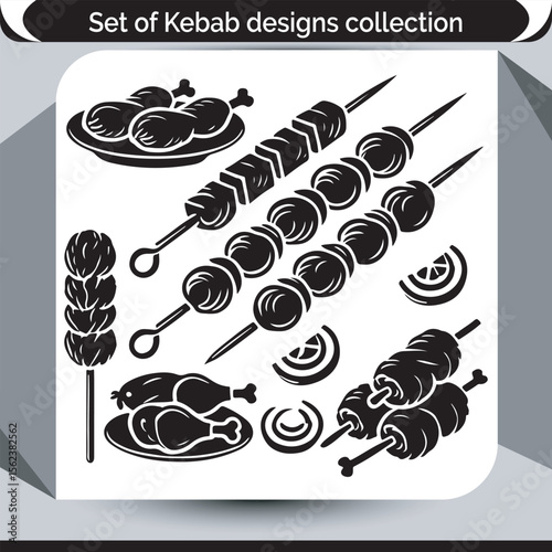 Diverse Kebab Collection of Meat and Vegetables on Skewers Vector Illustration Set with Chicken Drumsticks and Lemon Slices