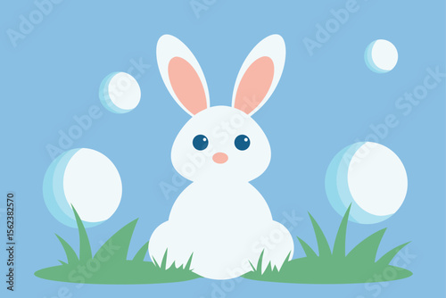 Illustrate an Easter poster with a bunny surrounded by egg shaped bubbles