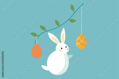 Illustrate an Easter poster with a bunny swinging on a vine with egg buds