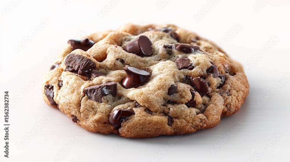 Chocolate chip cookie sits on a white background. The cookie is covered in chocolate chips and he is freshly baked Chocolate chip cookie sits on a white background. The cookie is covered in chocolate chips and he is freshly baked