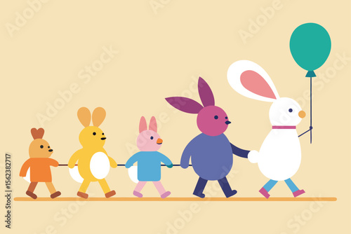 Illustrate an Easter poster with a minimalist Easter parade led by a bunny