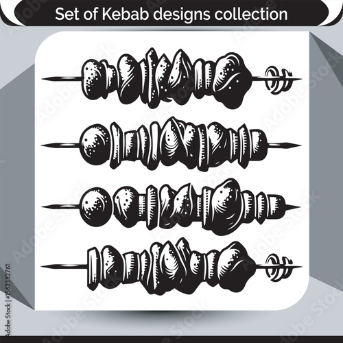 Monochrome Set of Kebab Designs Collection Featuring Skewers with Grilled Meat and Vegetables in a Minimalist Style