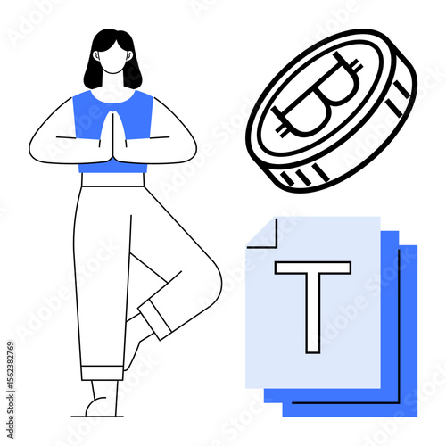 Woman practicing a yoga pose, Bitcoin coin icon, and document sheets, merging mindfulness, cryptocurrency, and productivity. Ideal for wellness, finance, technology self-care modern lifestyle