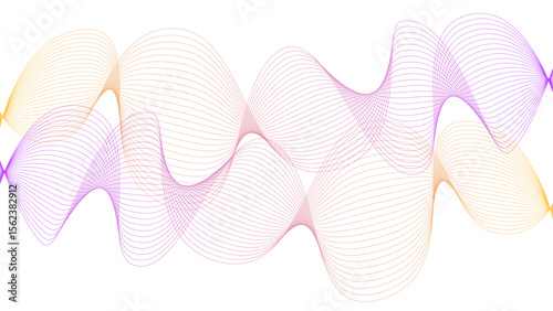 	
Vector curvy abstract line art wavy flowing dynamic colorful lines white background in concept music or sound, wave, wind, information flow	
