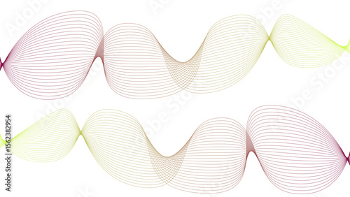 	
Vector curvy abstract line art wavy flowing dynamic colorful lines white background in concept music or sound, wave, wind, information flow	
