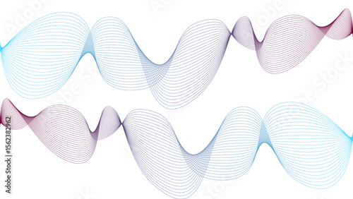 	
Vector curvy abstract line art wavy flowing dynamic colorful lines white background in concept music or sound, wave, wind, information flow	

