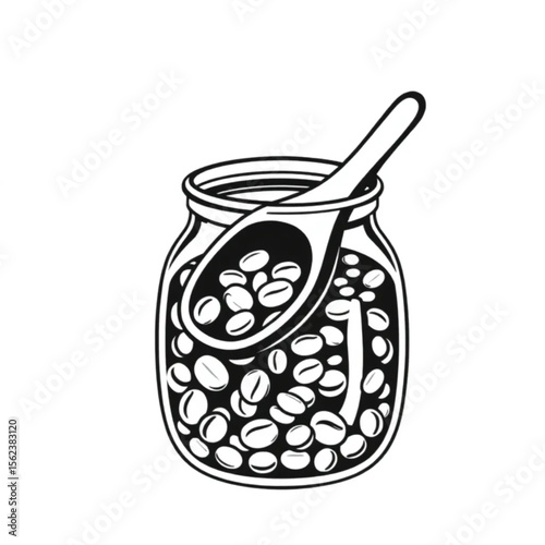 A wooden coffee scoop in a jar of beans