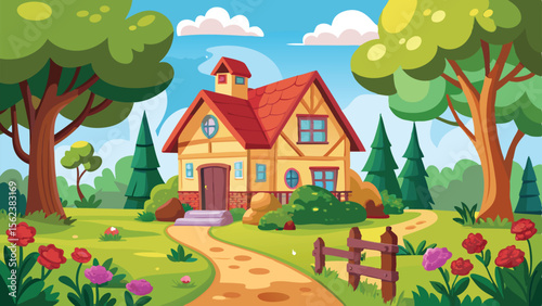 Cartoon House with Red Roof, Path, Trees and Flowers in Sunny Landscape
