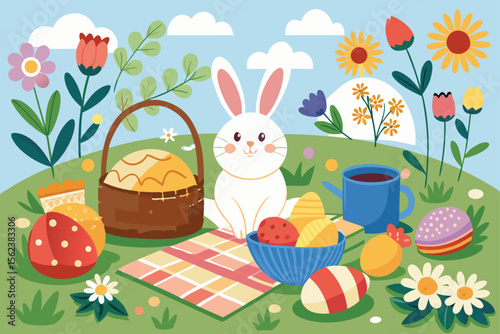 Illustrate an Easter poster with a bunny enjoying a peaceful Easter picnic scene