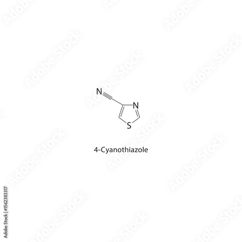 4-Cyanothiazole skeletal structure. Heterocyclic aromatic nitrile compound schematic illustration. Simple diagram, chemical formula.
