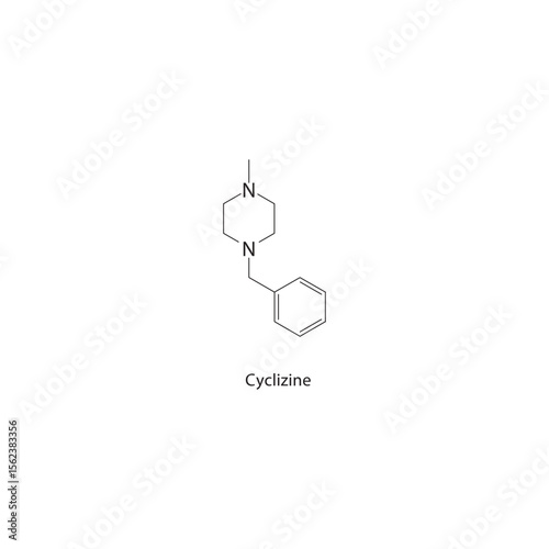 Cyclizine skeletal structure. Antihistamine compound schematic illustration. Simple diagram, chemical formula.