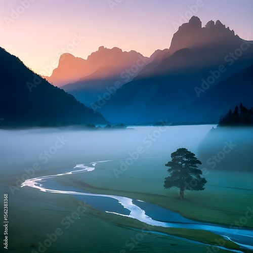 Misty Sunrise Over a Serene Mountain Valley with Winding River
